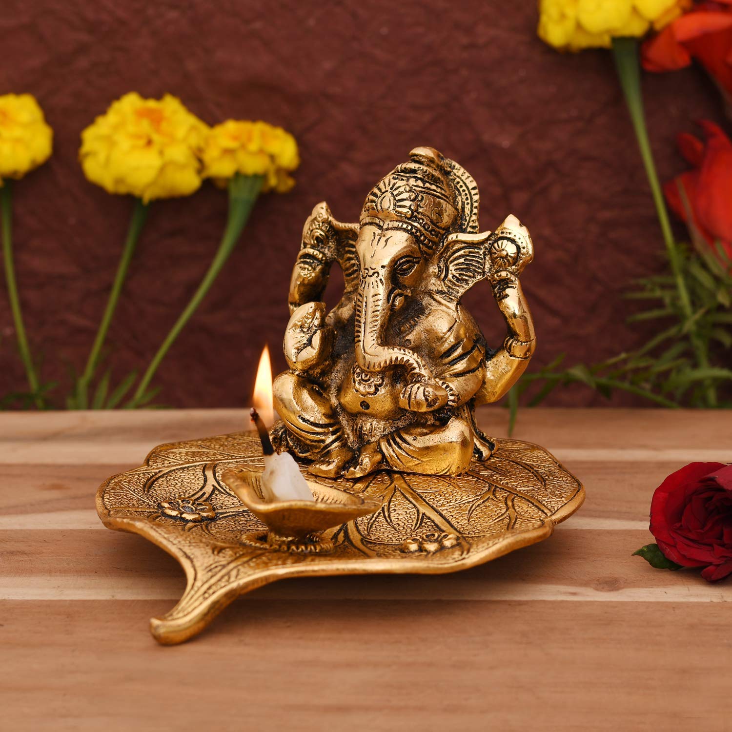 Collectible India Aluminium Ganesh with Diya Idol, Medium, Gold, Paper 1