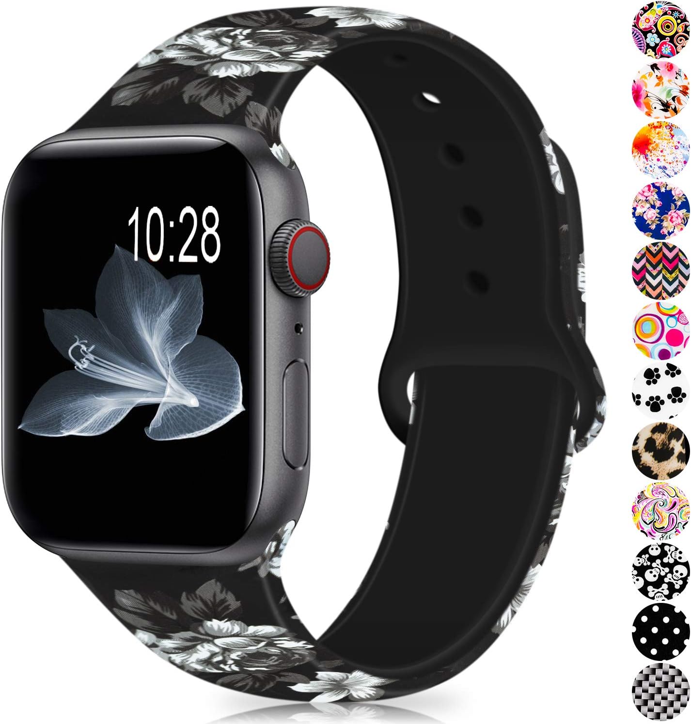 GeekSpark Compatible with Apple Watch Band 38mm 40mm 42mm 44mm,Soft Silicone Fadeless Pattern Printed Replacement Bands for iWatch Series 5,4,3,2,1/Women Men Grey Flower 38mm 40mm M/L=