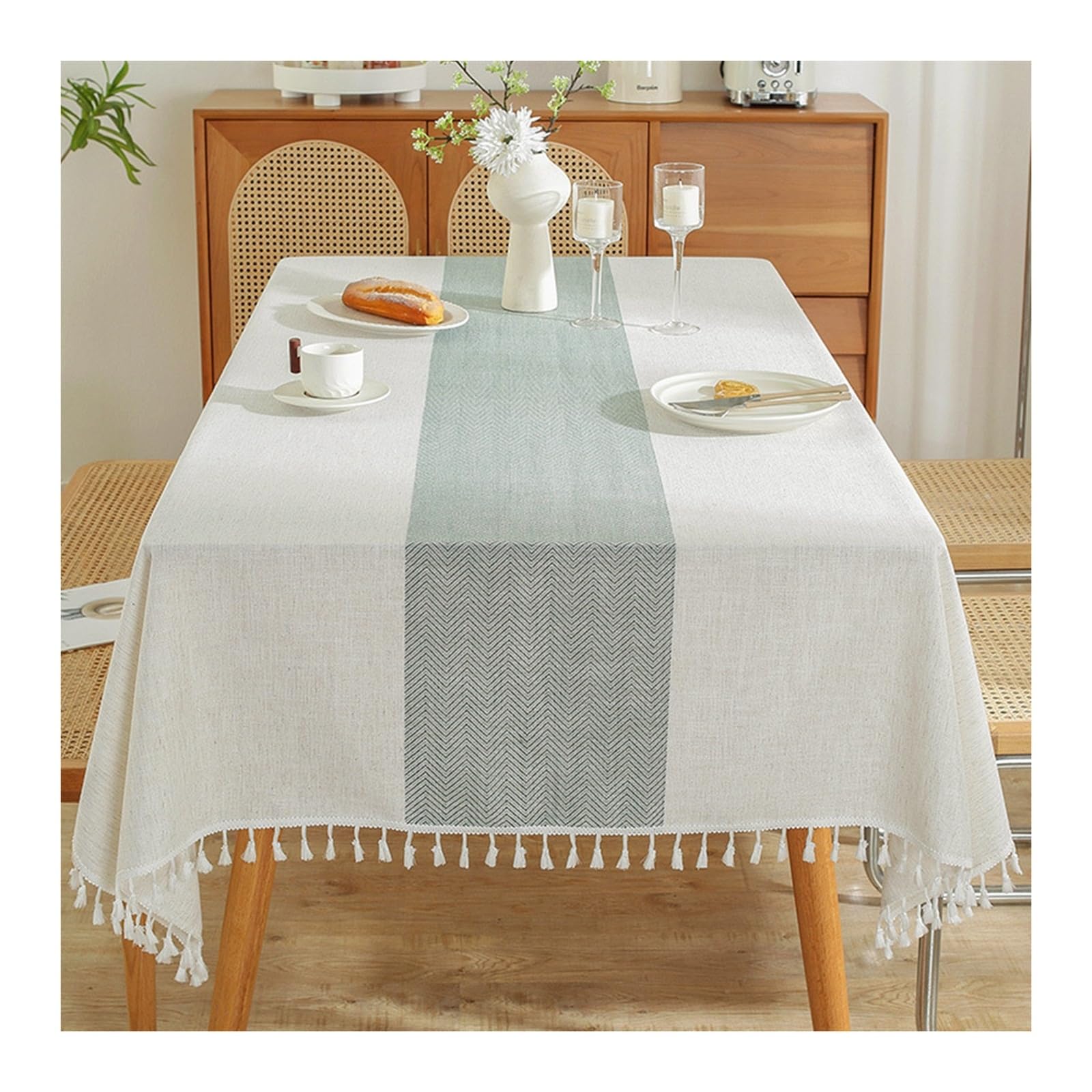 Nappe verte rayure vague haut de gamme en polyester avec glands décoratifs raffinés