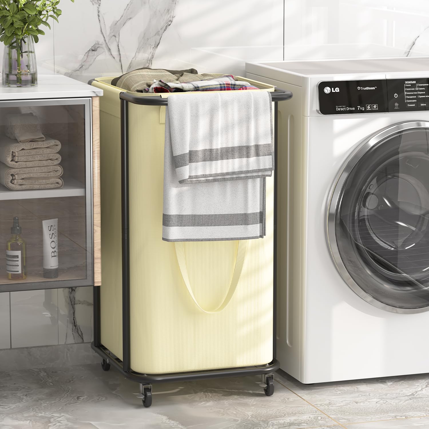 LASZOLA - Cesta grande para ropa sucia con ruedas, 120 L, con bolsa de lona extraíble, carrito de lavandería moderno de metal resistente para baño, lavandería, dormitorio, beige