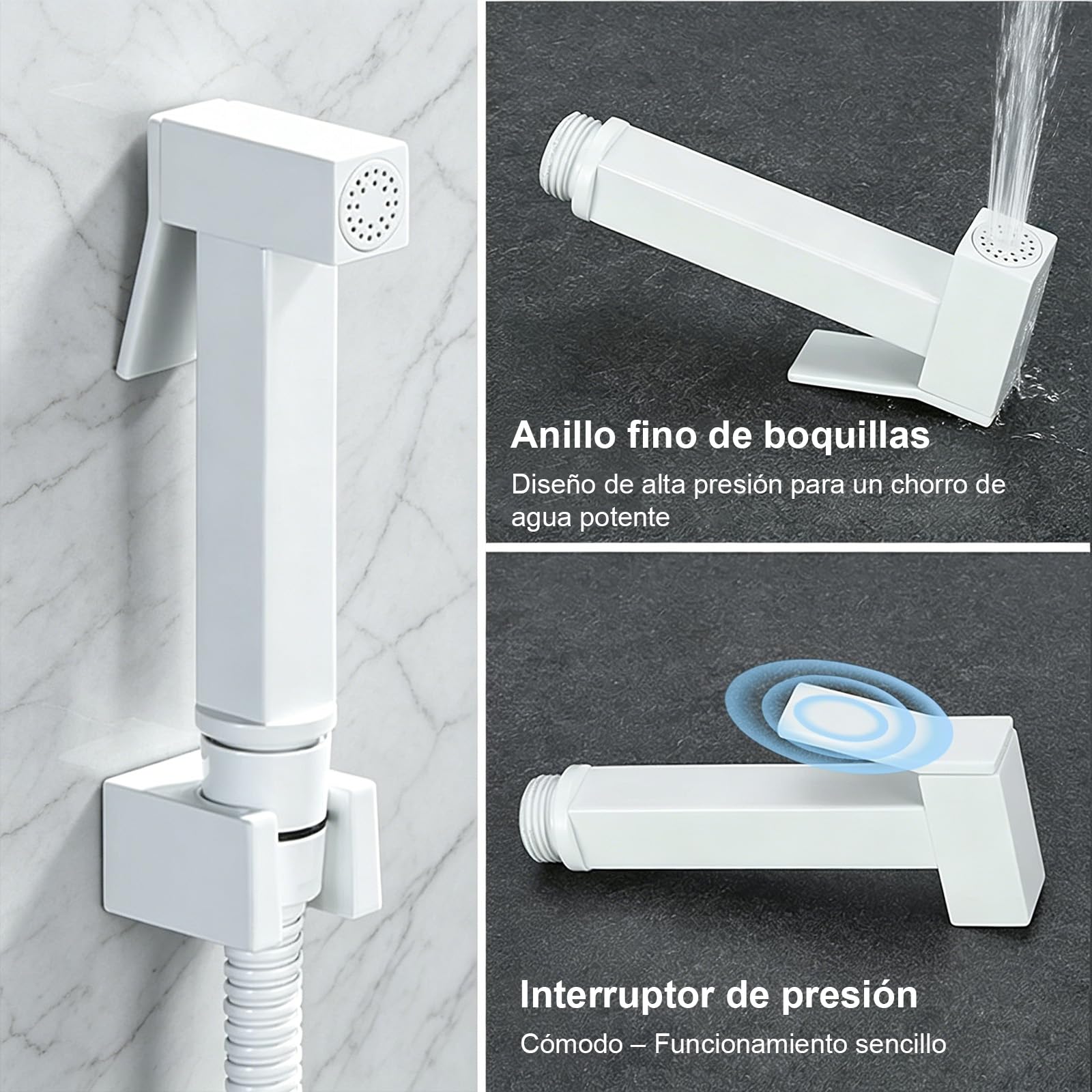 Ducha Higienica para WC en Latón, Grifo Bidet para WC Empotrado con Soporte y Manguera, Pulverizador de Bidé de Mano Agua Fría, para Higiene Personal, Blanco