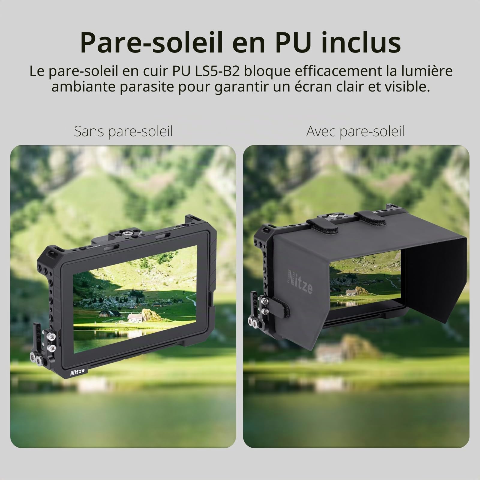 Nitze Cage pour moniteur PortKeys BM5 IV / BM5 IV WR / BM5 III / BM5 III WR avec pare-soleil en cuir PU - JT-I05B