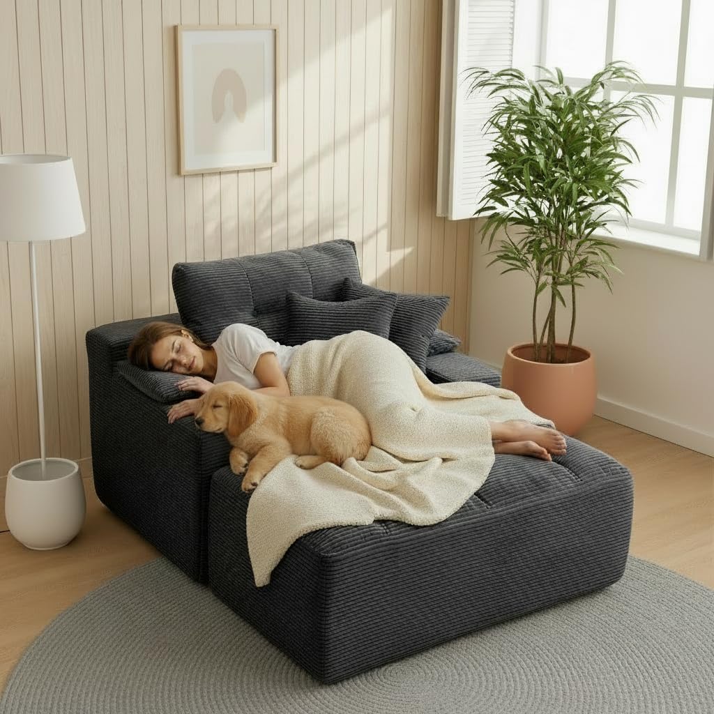 50" Oversized Boneless Chaise Lounge Chair Indoor, Plush Faux Fur Cloud Sofa Couch with Pillows, No Assembly Deep Seat Reading Chair Bed, Cozy Floor Couch for Living Room or Bedroom