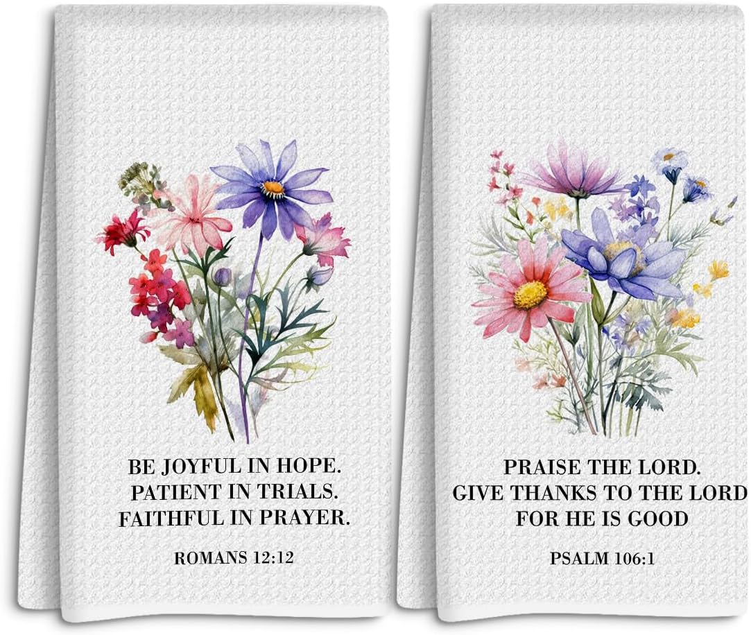 Bible Verse Christian Kitchen Towels Set of 2, Floral Decorative Dish Hand Tea Towels for Kitchen Bathroom Home Decor Inspirational Religious Scripture Christian Gifts for Women