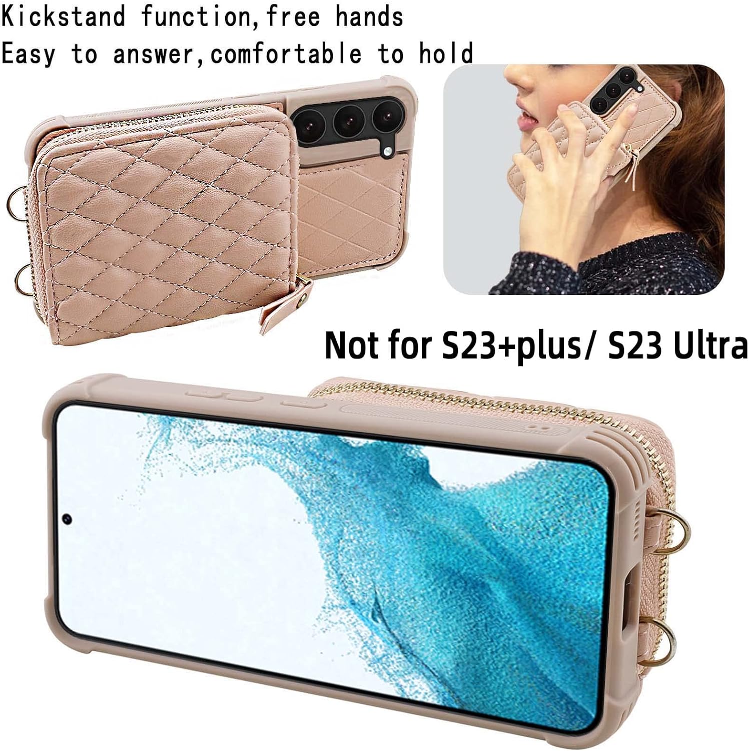 MONASAY Zipper Wallet Case Fit for Galaxy S23, 6.1in [RFID Blocking] Flip Leather Handbag Phone Cover with Card Holder and Crossbody Shoulder Lanyard Strap, Rosegold
