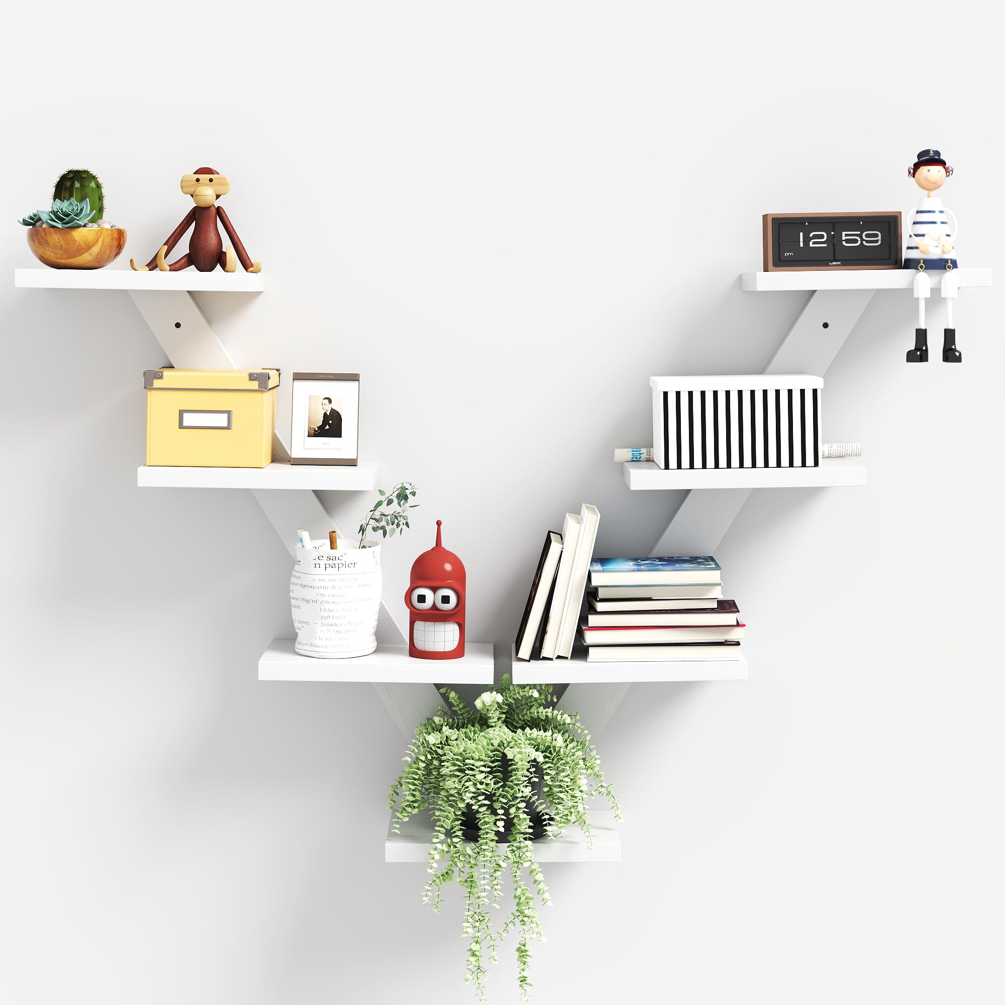 Wood 7-Tier Wooden Floating Shelves Wall Mounted, V-Shaped Hanging Book Shelves for Wall Decor, Tree Branch Shaped Wall Plant Shelf, Rustic Decorative Shelf for Living Room, Bedroom, Office, White.