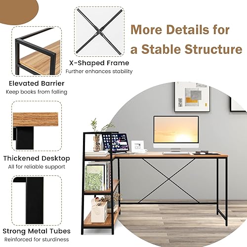 Miniatura 8 de Tangkula Escritorio reversible en forma de L escritorio esquinero que ahorra espacio con estantes de almacenamiento de 3 niveles y marco de metal