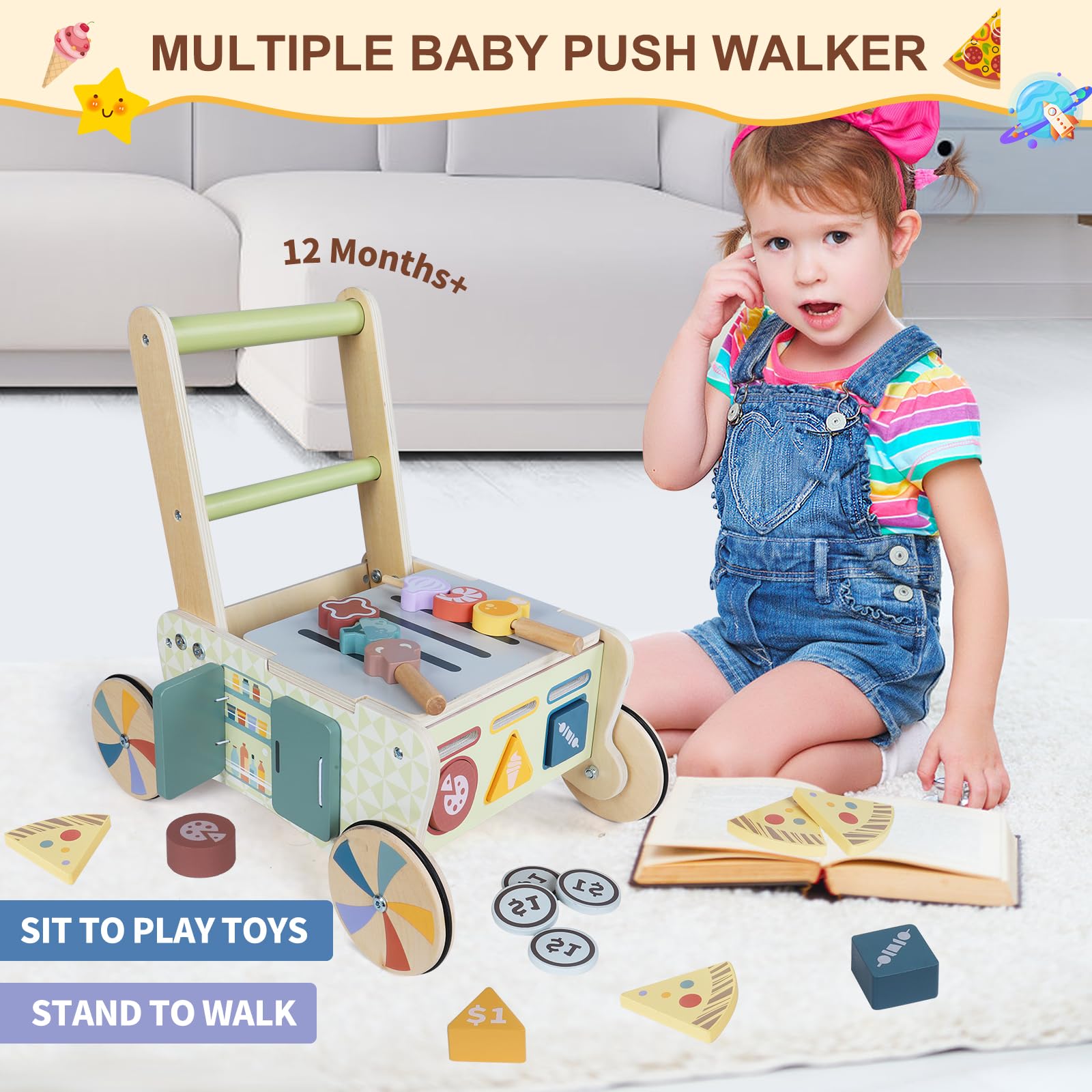 Kitchen Montessori Walker z drewna, zabawka Baby Walker z regulowaną prędkością