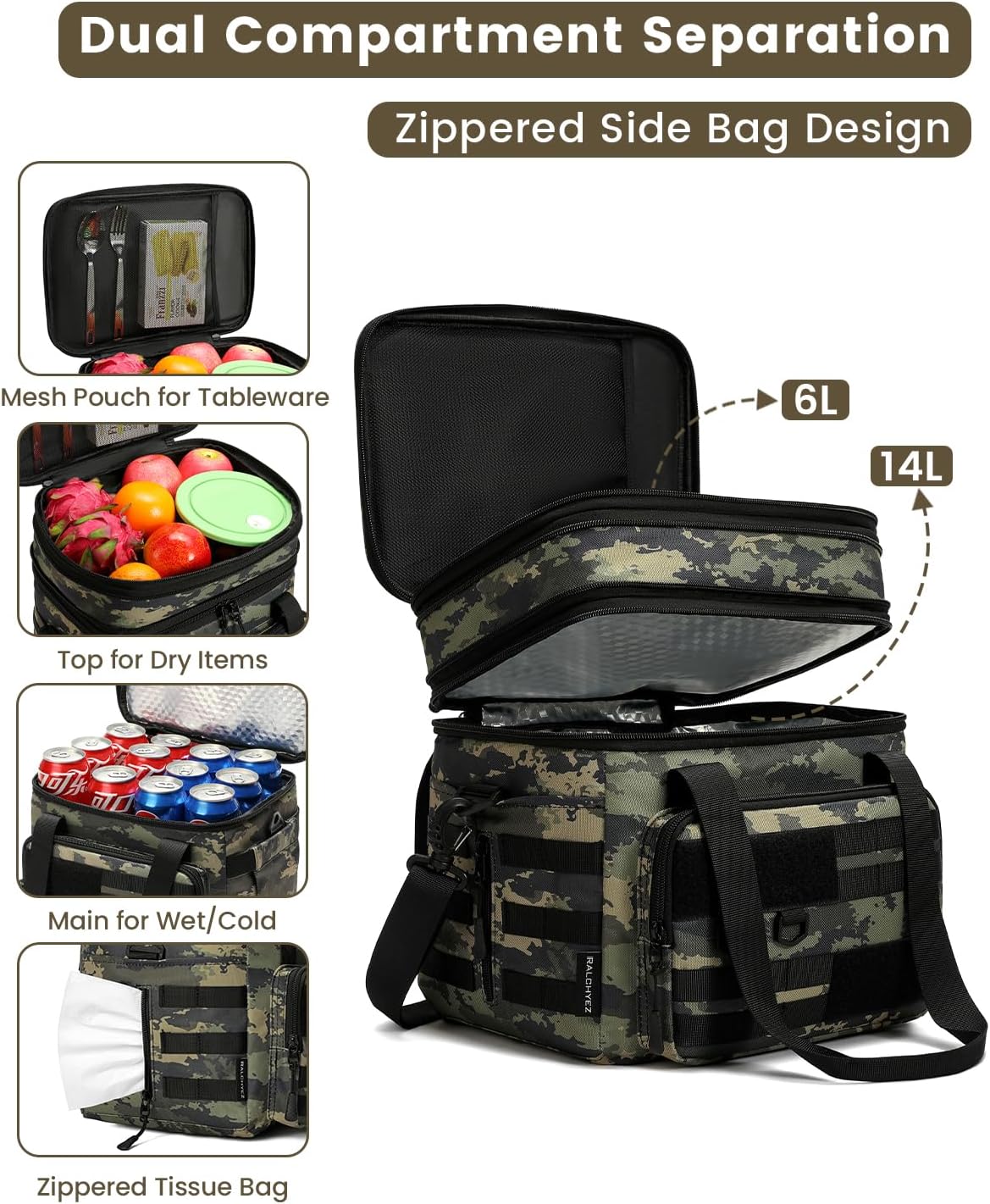 RalChyez Tactical Lunch Bag, 20L Large Heavy Duty Double Deck Insulated Lunch Box Leakproof Expandable Tote Cooler with Shoulder Strap for Adult Men Women Work Fishing Picnic Travel Ocp Camo - Image 4
