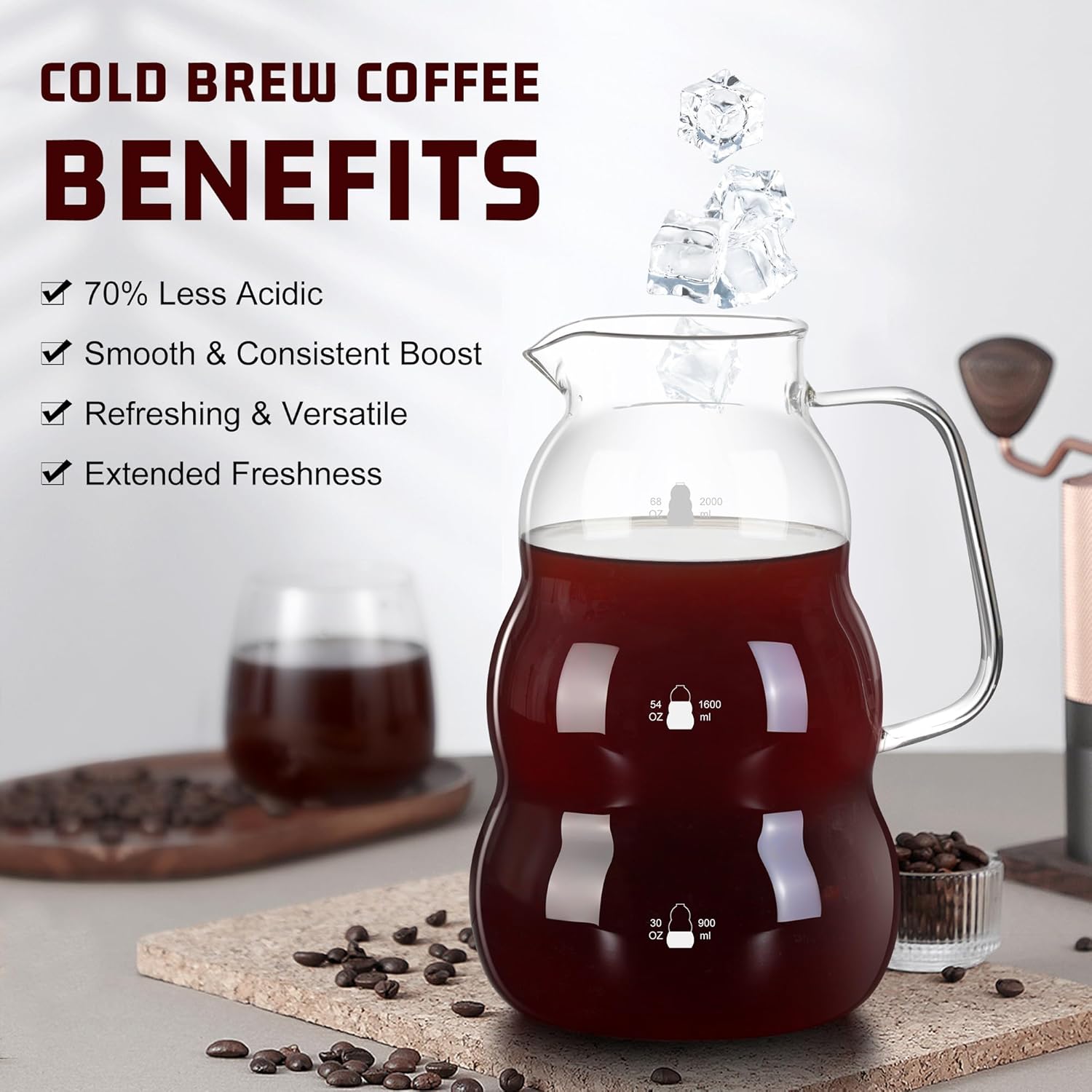Effortless Cold Brew Coffee Maker, All Parts Dishwasher-Safe, 2.0L/68oz Heavy Duty Glass Pitcher with Super-Fined Stainless Steel Filter, Cold Brew Pitcher for Iced Coffee, Ice Tea