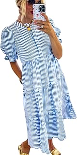 Women's Casual Striped Bubble Short Sleeve Shirt Dress Scallop Button Front Ruffle Tiered Long Dress - Buy now