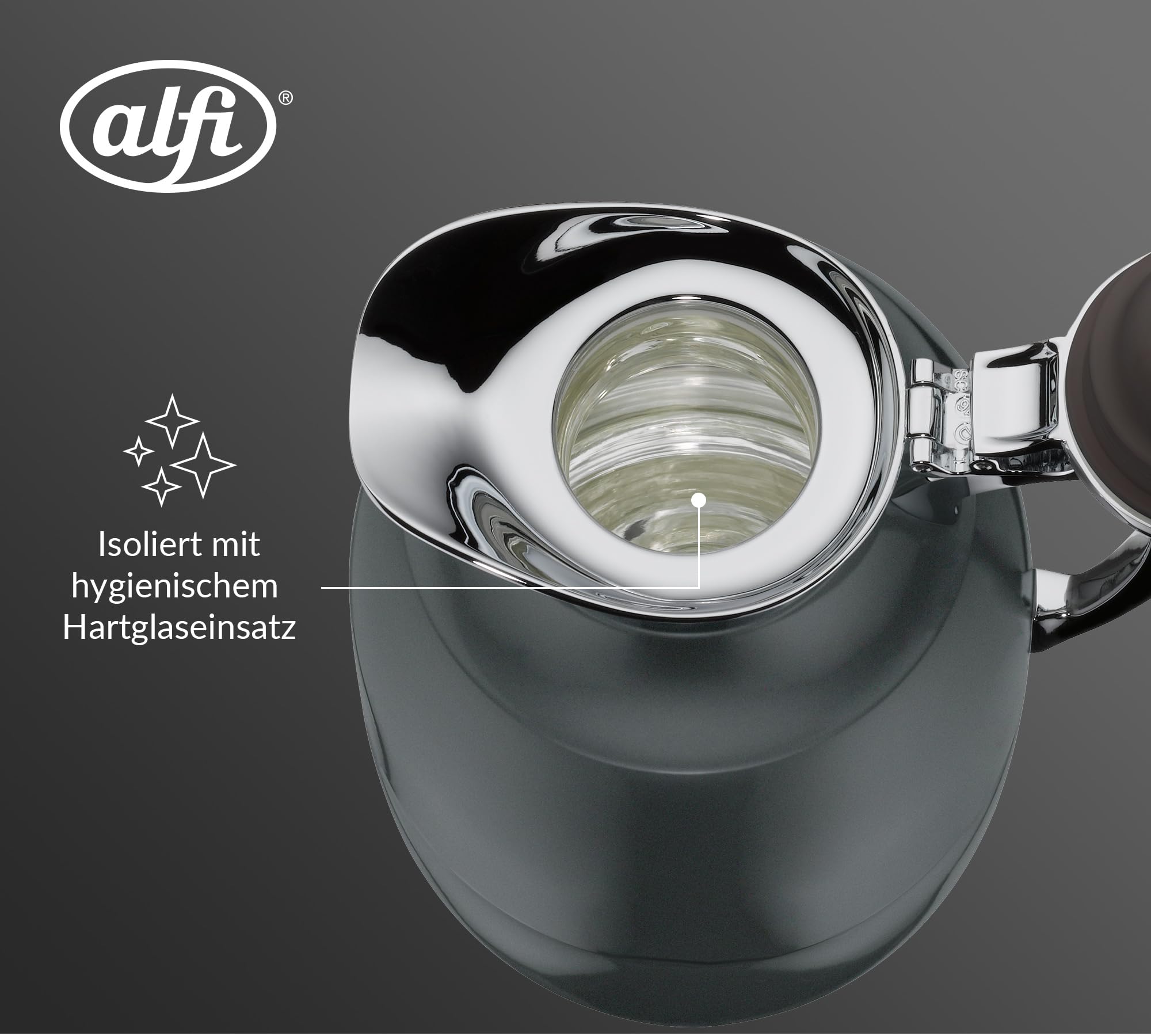 alfi JUWEL 1,0l, satin black mat, elegante Isolierkanne mit Hartglaseinsatz, 12h heiß & 24h kalt, ideal als Kaffeekanne, Teekanne