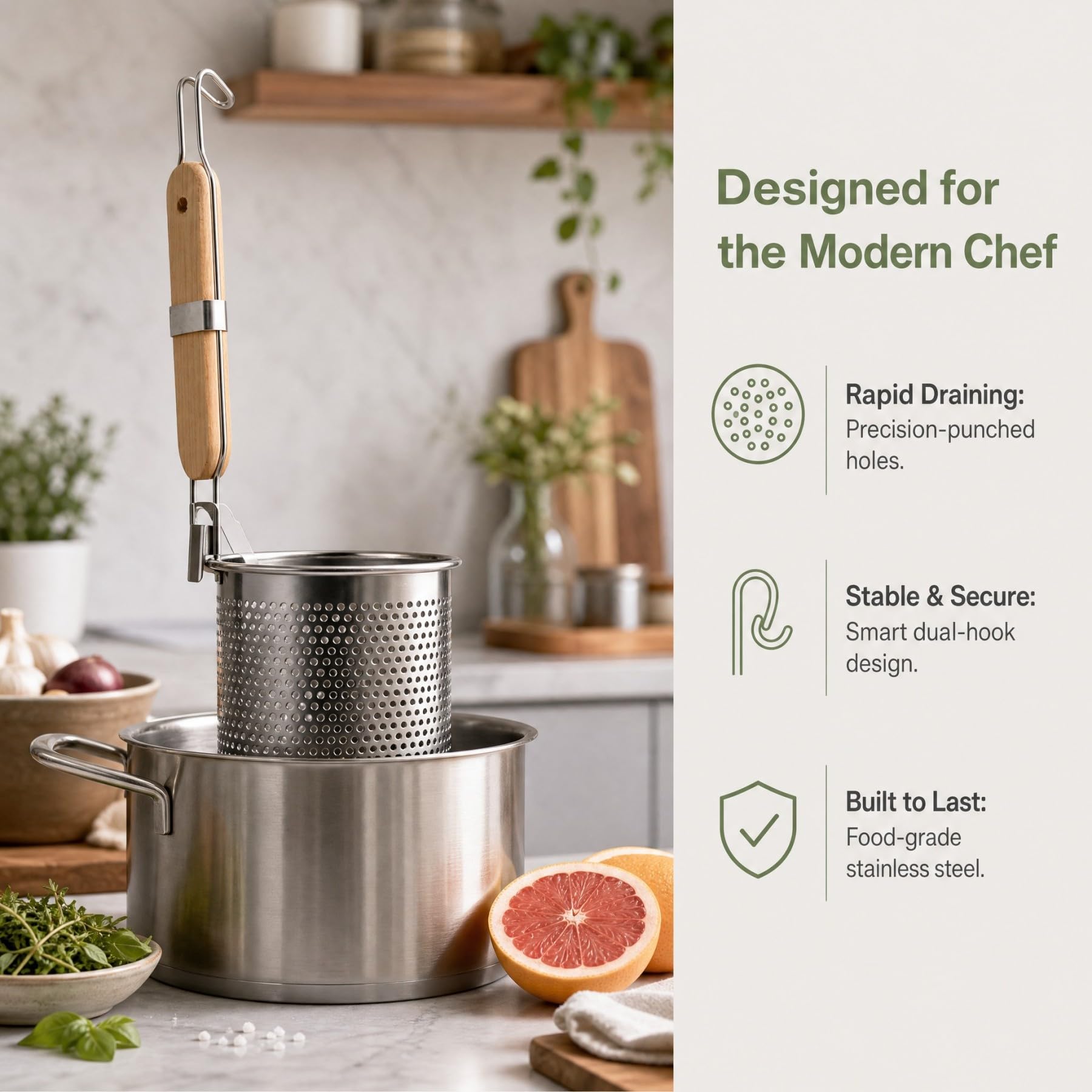 Colador de pasta de acero inoxidable, 2 piezas, cesta microperforada con mango de madera - Colado rápido, colgado en olla, para espaguetis, verduras, albóndigas y vapor