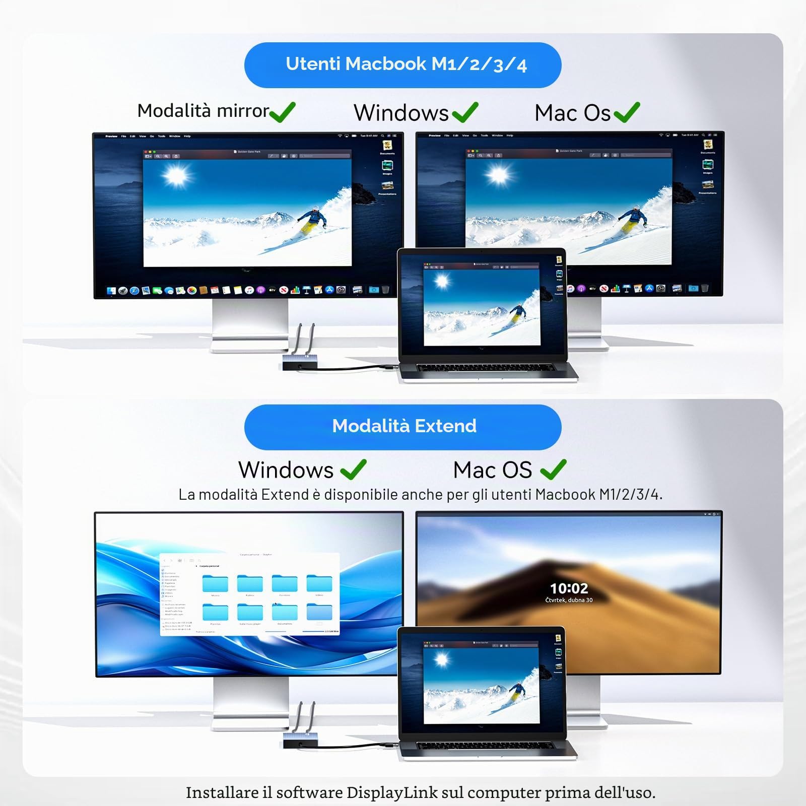 ACASIS DisplayLink Adattatore USB C a Doppio HDMI 4K@60Hz con Ricarica 100W PD, Docking Station per Mac M1/M2/M3/M4/MacBook Neo, Hub con 3x USB-A, per Mac/Windows (DS0602)