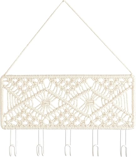 Miniatura 6 de Mkono Llavero decorativo de pared pequeño macramé para decoración del hogar, 5 ganchos, para entrada, pasillo, dormitorio, sala de estar
