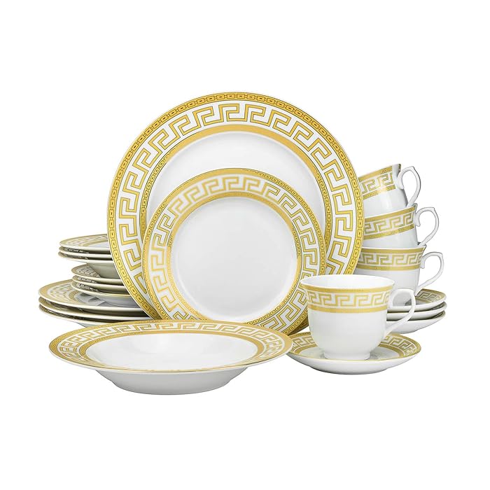 Buy Euro Porcelain 40pc Dinnerware Set w/Gold Greek Key Pattern & 24K