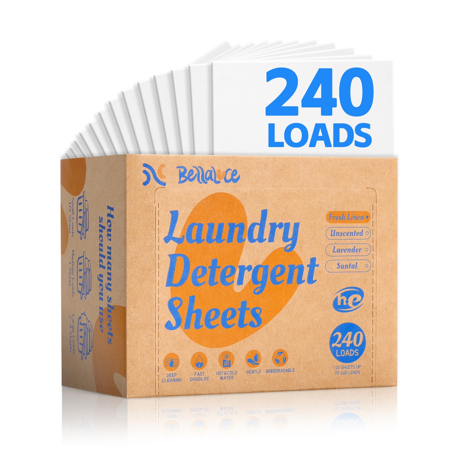 Hojas de detergente para ropa (240 cargas) – Ahorro de espacio, hipoalergénicas, aptas para viajes, limpieza profunda, aroma de lino fresco, sin plástico, ecológicas, sin parabenos, sin ensuciar