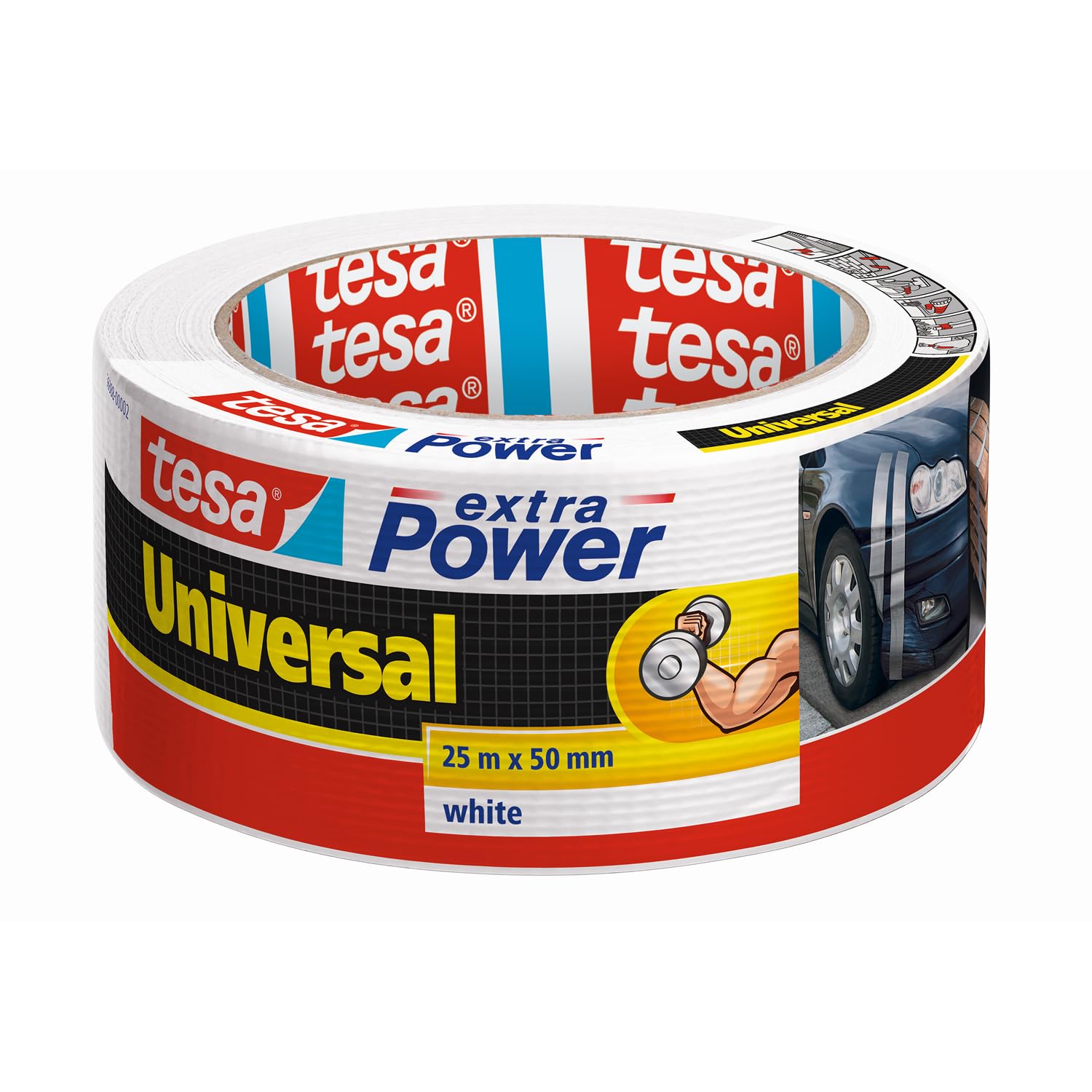 tesa Cinta Adhesiva Universal Extra Power - Celo Adhesivo con Fijación Extra Fuerte - Cinta Multiusos Versátil para Reparaciones, Fijación, Sellado y Más - Blanco - 1 Rollo - 25 m x 50 mm