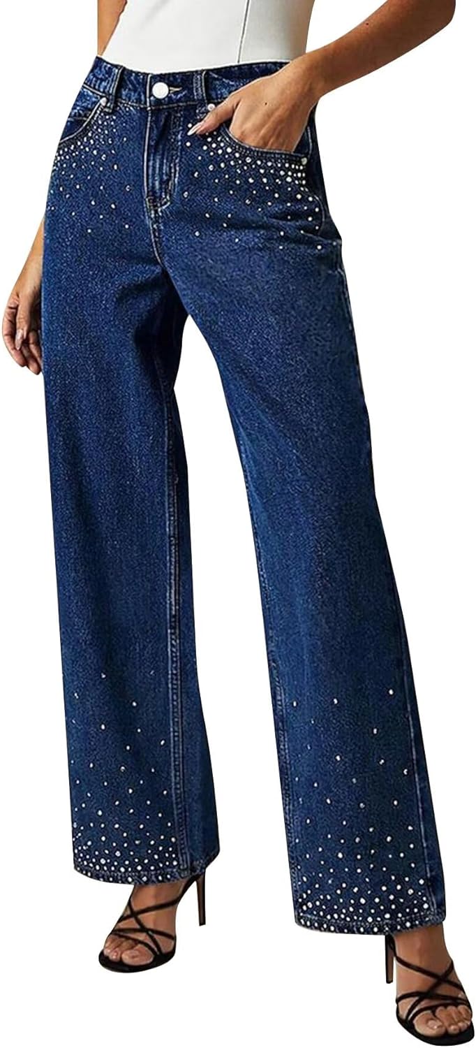 Flamingals Straight Leg Jeans for Women High Rise Washed Rhinestone Decor High Stretch Casual Denim Pants