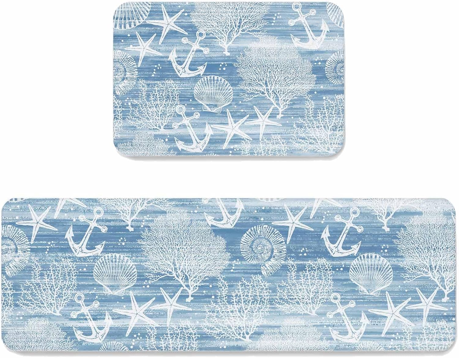 Summer Blue Ocean Kitchen Mat Set 2 Pieces Vintage Nautical Sea Anchor Coral Shell Starfish Non Slip Kitchen Rugs Washable Runner Rug Mats for Floor Sink Laundry Office 23.6" x 35.4"+23.6" x 70.9"