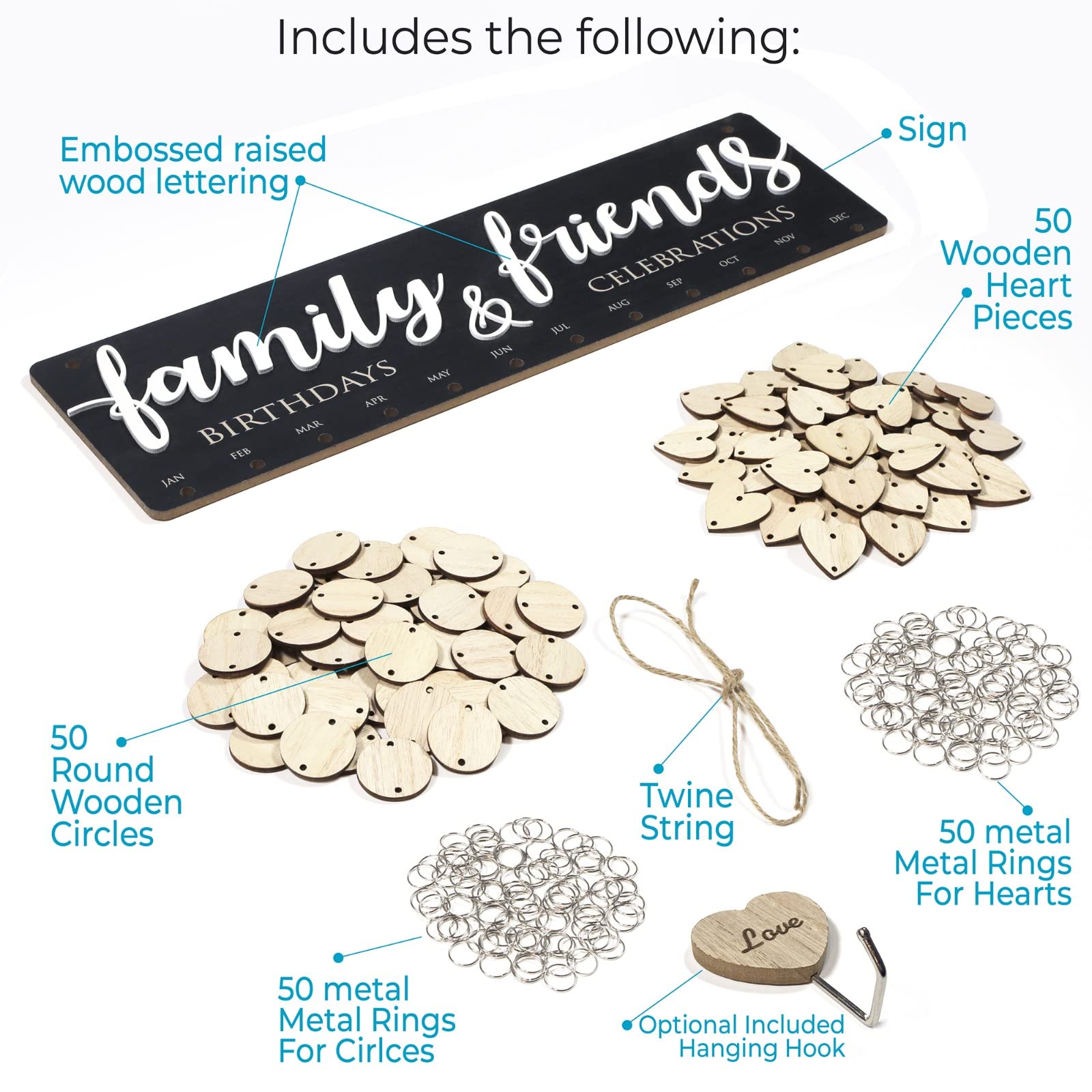 Rodzinna tablica urodzinowa z etykietami – drewniany kalendarz do powieszenia na ścianie – pamiątki urodzinowe dla rodziny i przyjaciół – 50 serc i 50 okrągłych dysków