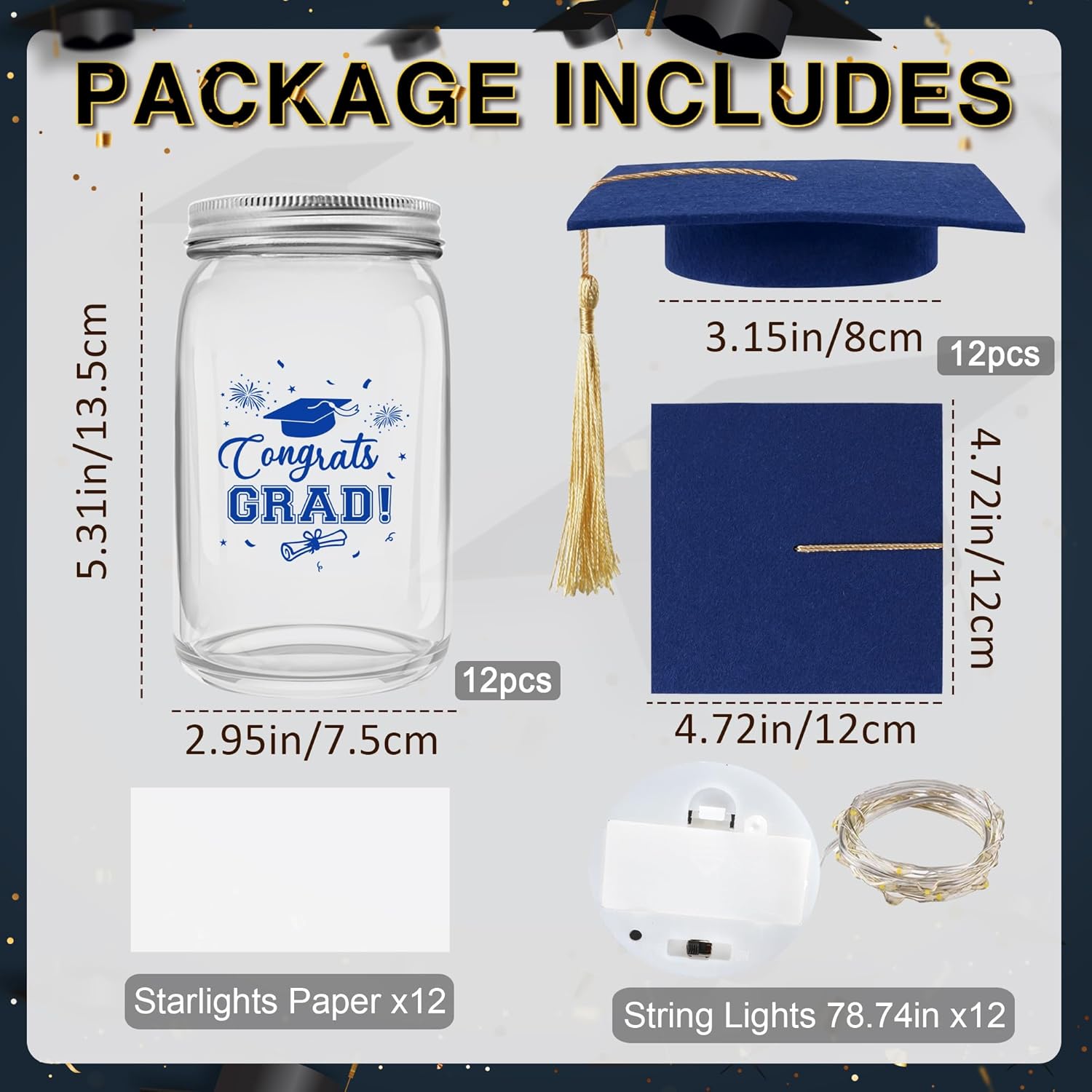 12 Sets 2026 Graduation Centerpieces for Tables, Glowing Mason Jar Centerpieces with Graduation Caps, Glowing Money Jars for College High School Congrats Grad Party Decor Supplies (Blue)