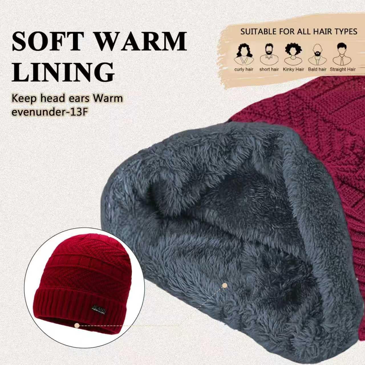 冬用ビーニー&amp;スカーフセット、ネイビーブルー、フリース裏地リブニット、2枚