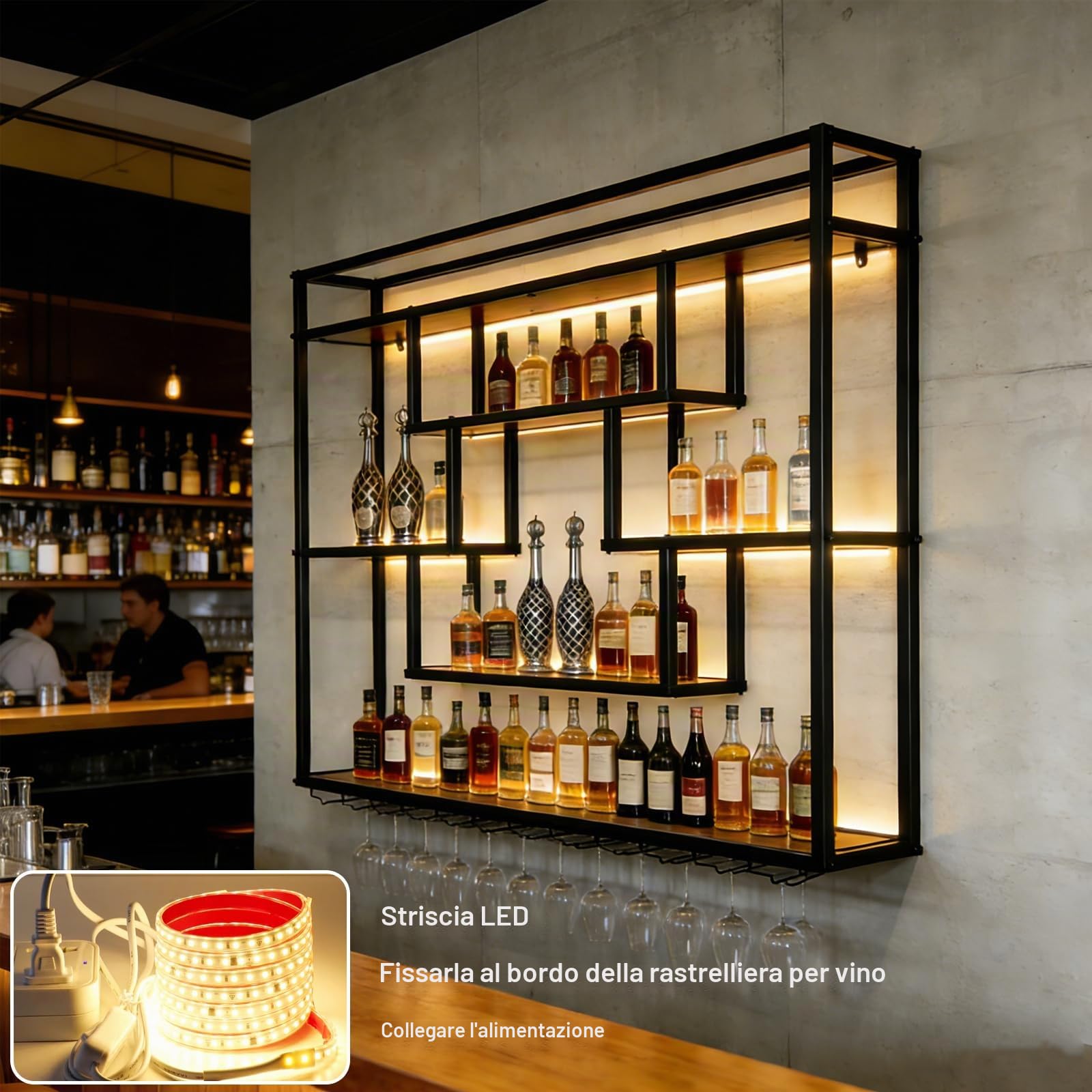 Portabottiglie da Parete con luce LED, Portabottiglie in Metallo e Legno di Grande Capacità, Mensola Espositiva per Bottiglie di vino con Portabicchieri, per bar, sala da pranzo, cucina (160cm)