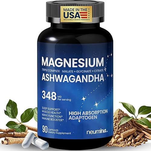 Suplemento de magnesio triple complejo 90 cápsulas – Glicinato de magnesio de alta absorción + malato + citrato con ashwagandha para dormir, salud