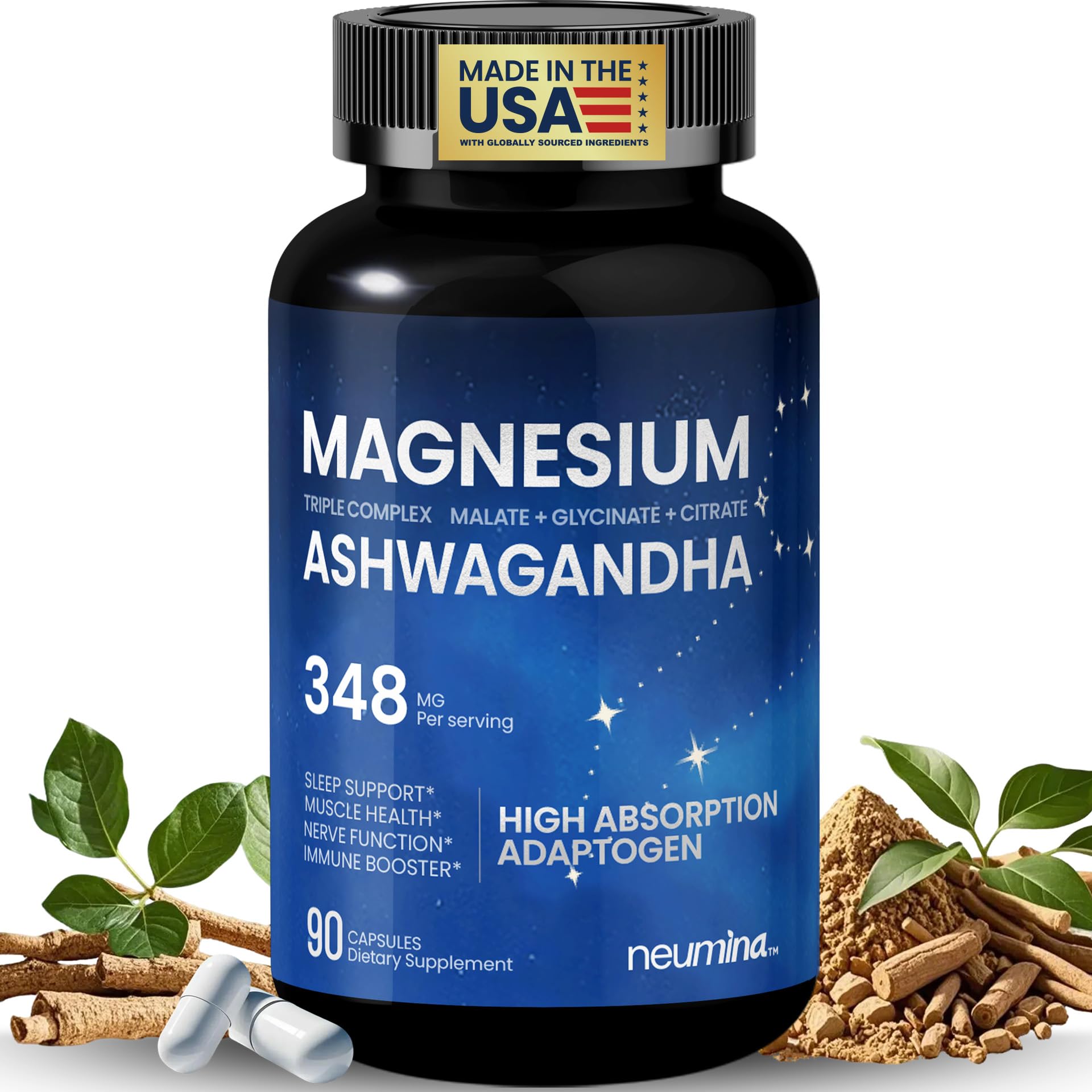 Magnesium Ashwagandha Glycinate Supplement for Sleep, 90 Capsules
