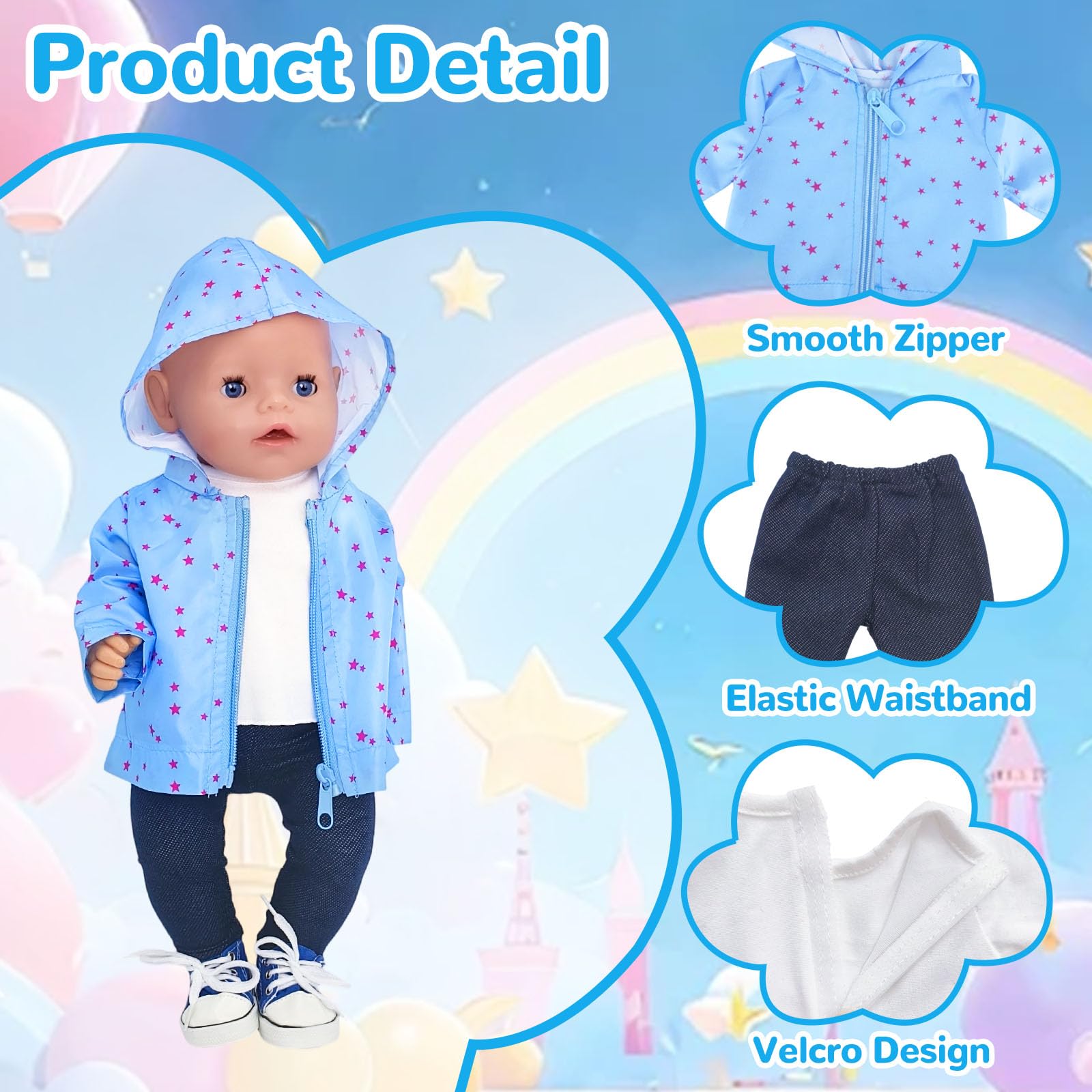 5 Pcs Doll Clothes Outfits for 14-18 Inch Baby Dolls, 35-45cm Blue Star Hoodie T-Shirt Pants Canvas Shoes Hanger - Image 4