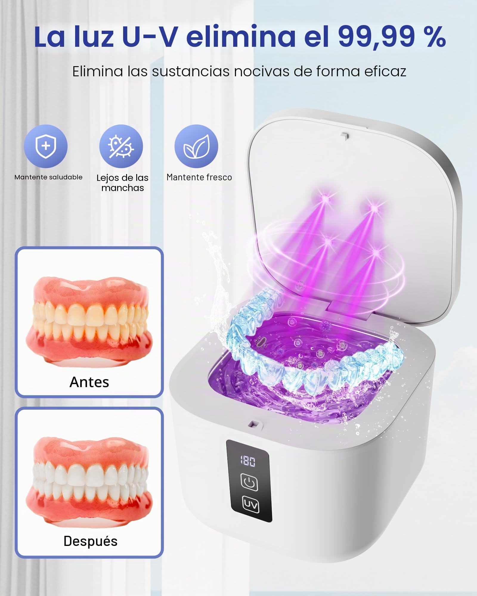 Limpiador Ultrasónico, 48000Hz Limpieza Dental Ultrasonidos, 375ML con 4 Lámparas UV Automáticas, para Ultrasonidos Limpieza Dental de Dentaduras, Retenedores, Alineadores y Joyas