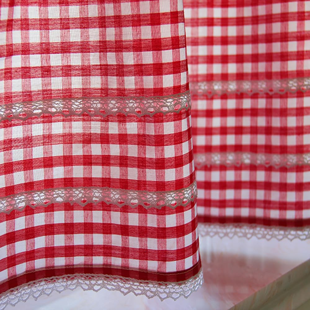 Tenda Corta Per Cucina - Cotone Opaco Con Pizzo, Motivo Quadretti Rosso E Bianco - Foto 3