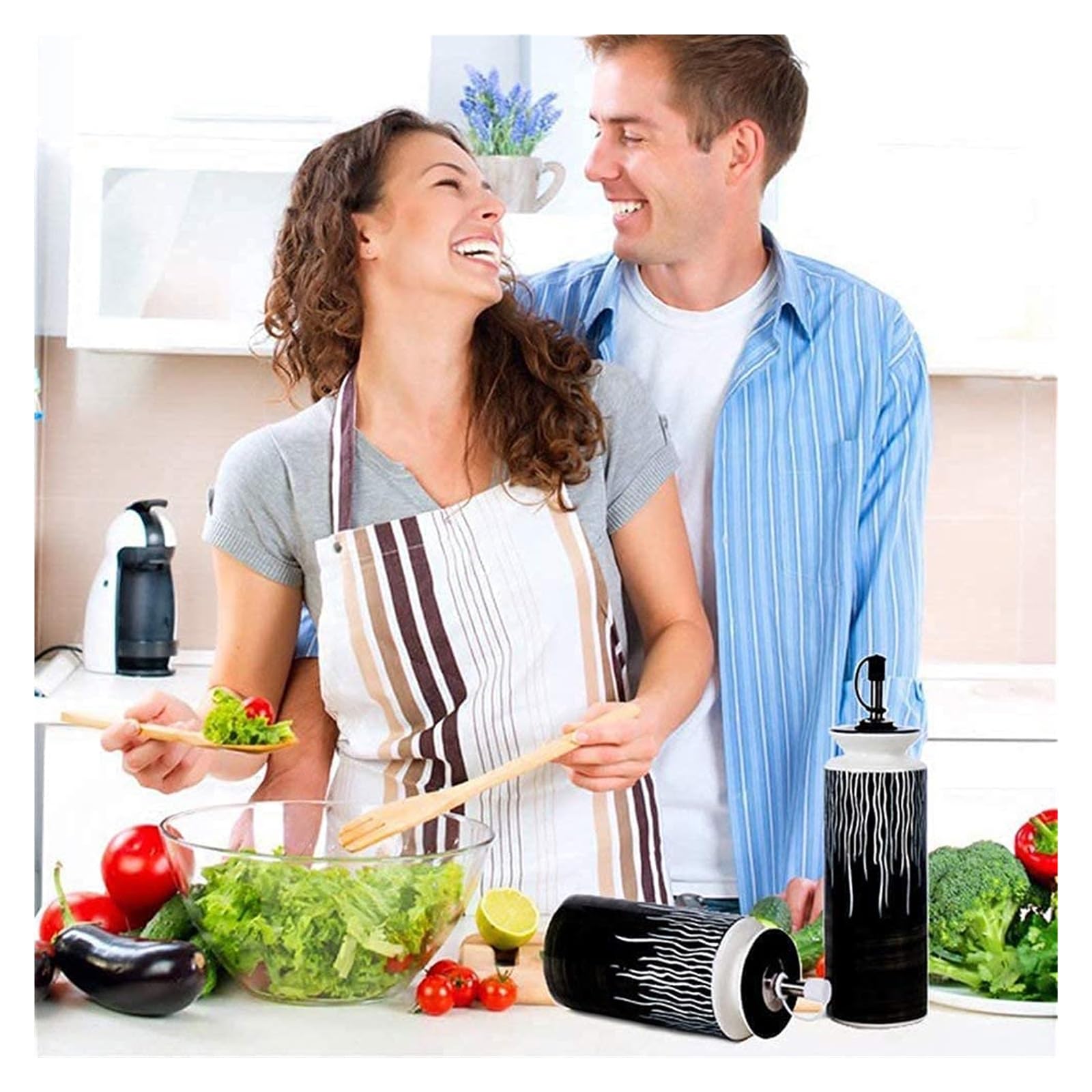 Distributore di Olio E Aceto, Bottiglie di Aceto con Versatori in Acciaio Inossidabile, Bottiglia di Olio in Ceramica da Cucina, Unica Dipinta A Mano con Supporto in,