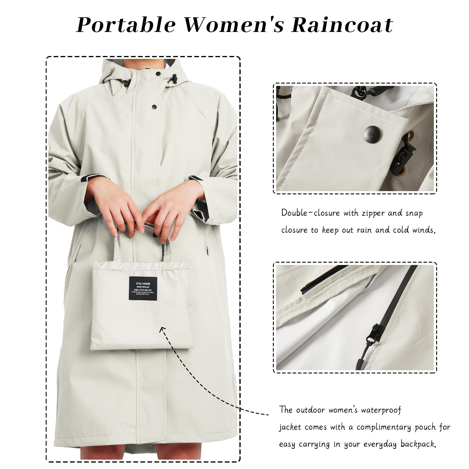 Chaquetas Impermeables para Mujer Impermeable ligero Impermeable Impermeables Largos con Capucha Cortavientos al Aire Libre Gabardina de Viaje Plegable