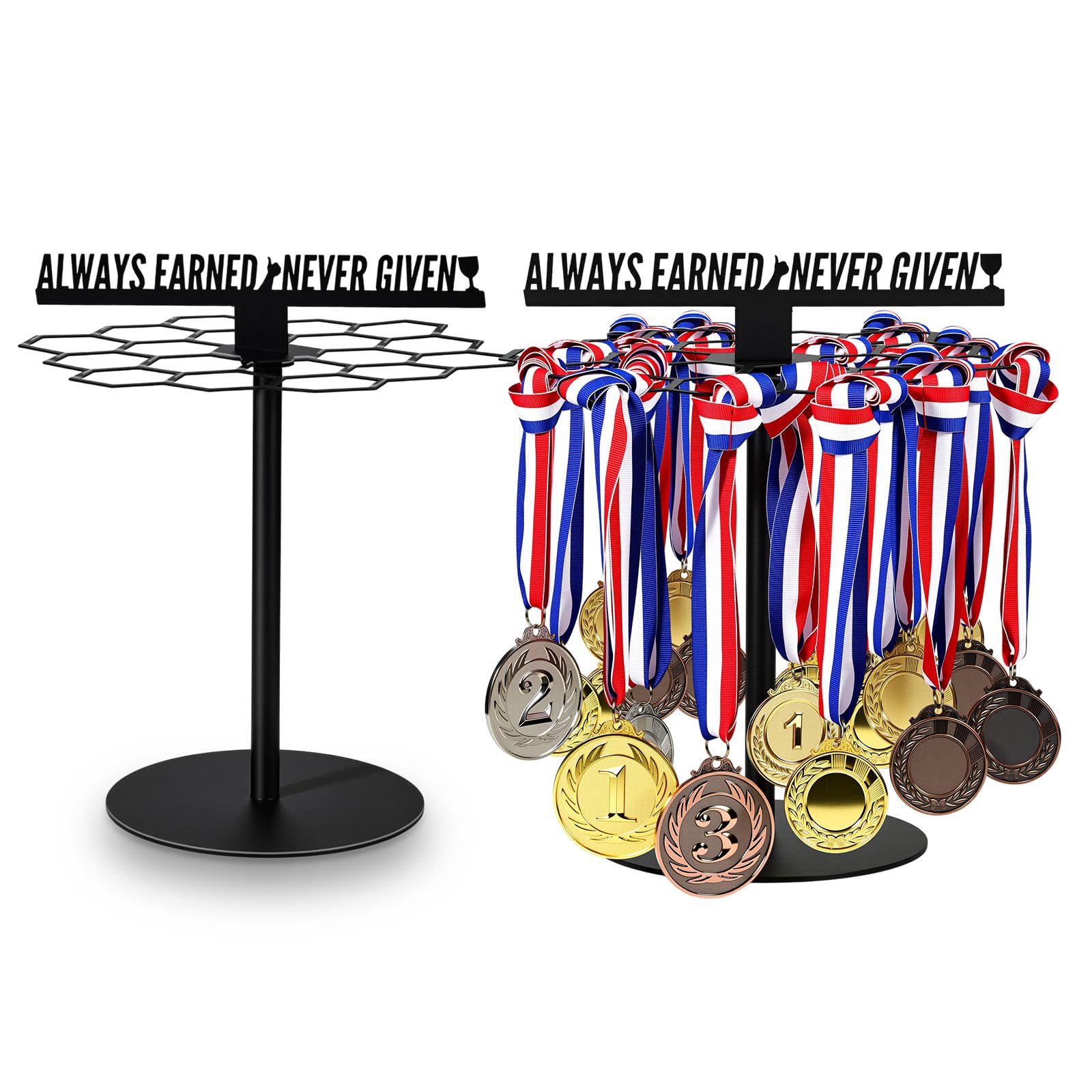 Novabright Espositore girevole per medaglie con parole motivazionali Always Earned Never Given, altezza regolabile, da tavolo, supporto per medaglie in metallo, può contenere oltre 45 medaglie per