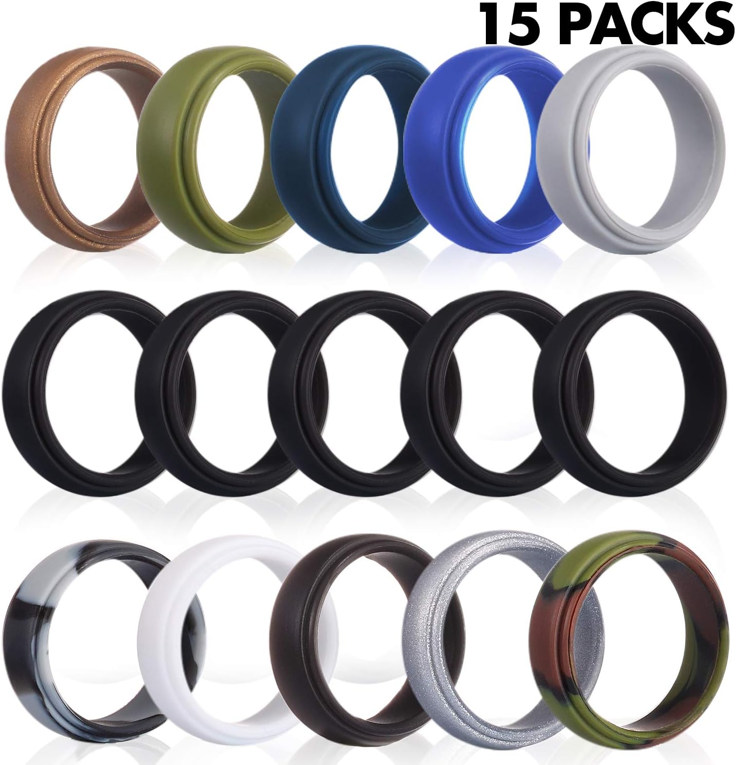 Yizerel Silicone Wedding Ring for Men, 15 Pack Rubber Bands for Men, for Workout, Exercise & Gym (15 Pack, 11 colors)