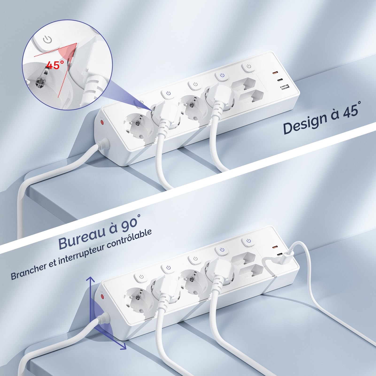 Kemelo Multiprise avec Interrupteur Individuel, 9 en 1 multiprise Plate avec 4 Sortie AC, 2 EU Ports, 3 USB Ports, pour Le Bureau, Salon, Chambre à Coucher, Cuisine, Rallonge Electrique 3M,Blanc