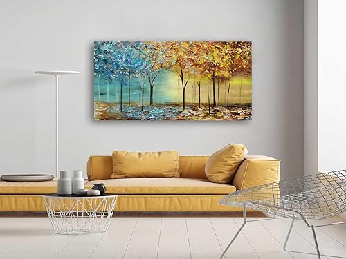Miniatura 4 de Cao Gen Decor Art A63450 - Lienzo decorativo para pared, árboles abstractos, 1 panel, azul y amarillo, cuadros abstractos de bosque, estirados y