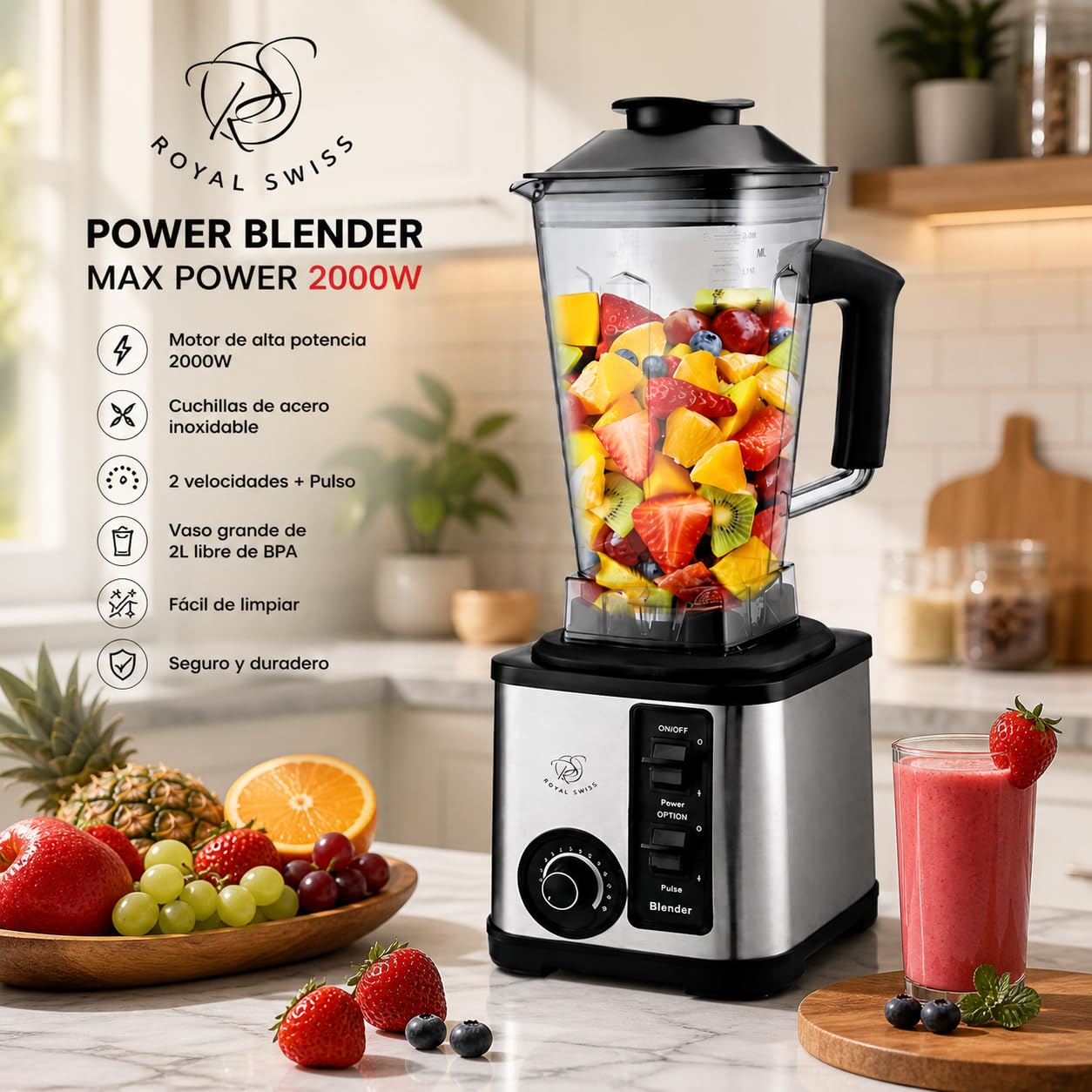 Licuadora Profesional 2000W de Alta Potencia | Cuchillas de Acero Inoxidable | Vaso 2L | Función Pulse y Velocidad Ajustable