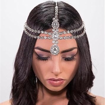 Xerling Silver Rhinestone Teardrop Crystal Layered Head Chain Headpieces Head Jewelry Forehead Pendant Hair Accessories with Bobby Pins for Women Girls Silver