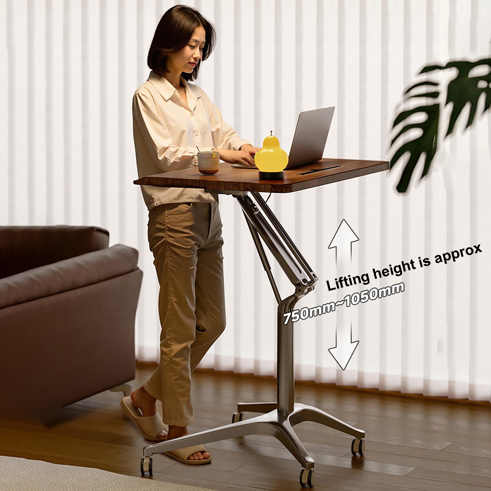 Przenośne biurko stojące z regulacją wysokości, z pneumatycznym podnoszeniem, mobilny wózek na laptopa do domowego biura i kościoła, regulowany 750-1050 mm
