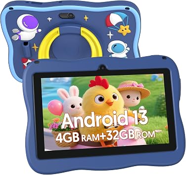 جهاز لوحي للأطفال، جهاز لوحي يعمل بنظام Android 13 مقاس 7 بوصات، وحدة معالجة مركزية رباعية النواة، 4GB2G+2G RAM+32GB ROM، 1024 x 600 IPS، أزرق/وردي