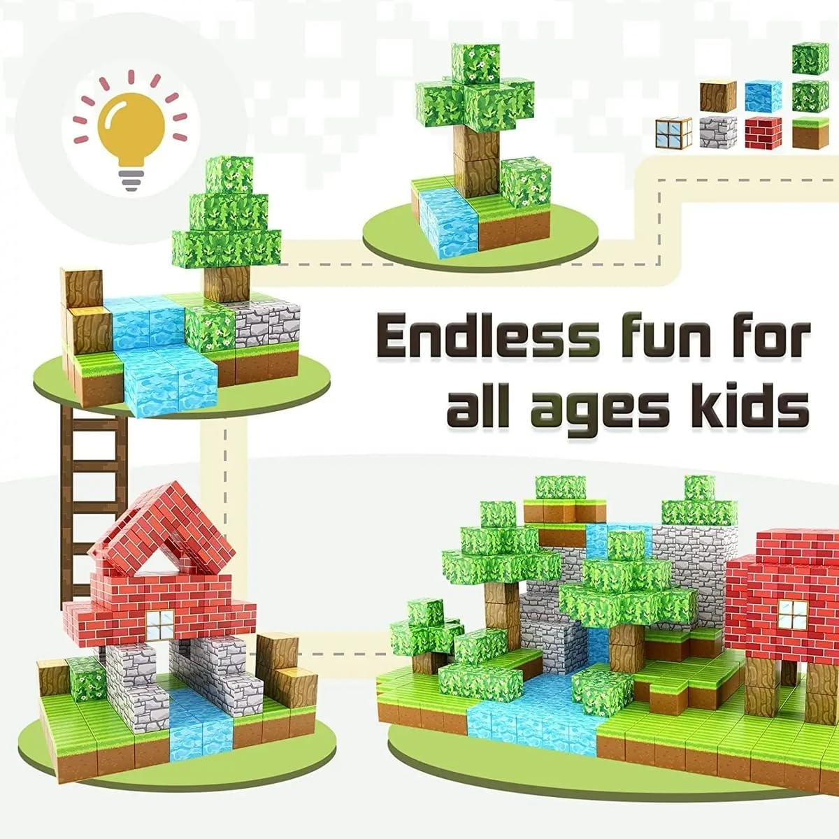 Set of 63 Pcs Big Size (2.5cm) Magnetic Building Blocks – Forest Theme STEM Toy with Brick, Wood, Stone & Water Textures – Creative Construction Cubes for Boys & Girls, Ages 3+ (Base not Included) 2