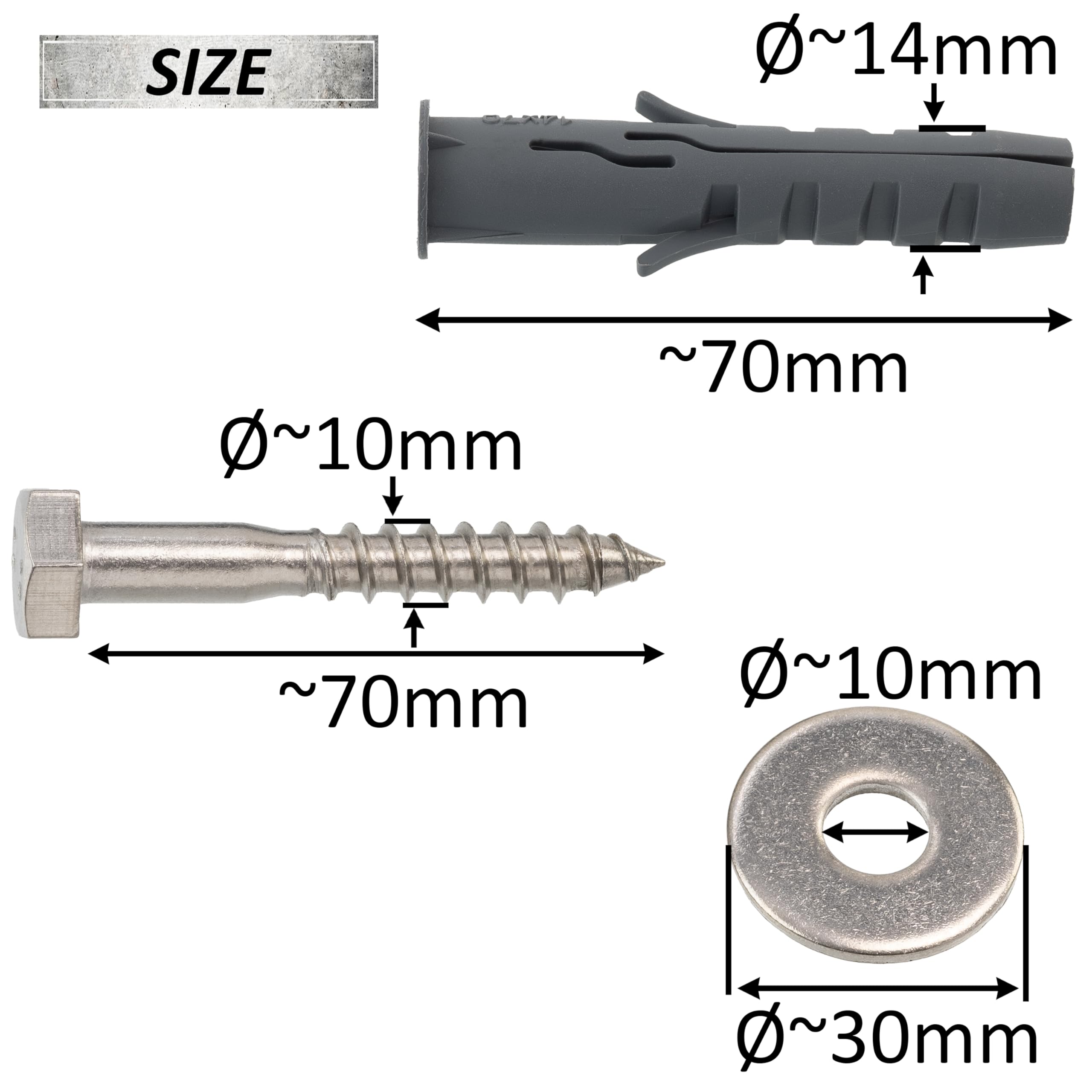 AERZETIX - Kit di 10 tasselli a colletto Ø14x70 mm in nylon + 10 viti tirafondi Ø10x70 mm in acciaio inossidabile A2 + 10 rondelle larghe A2 per bullone M10