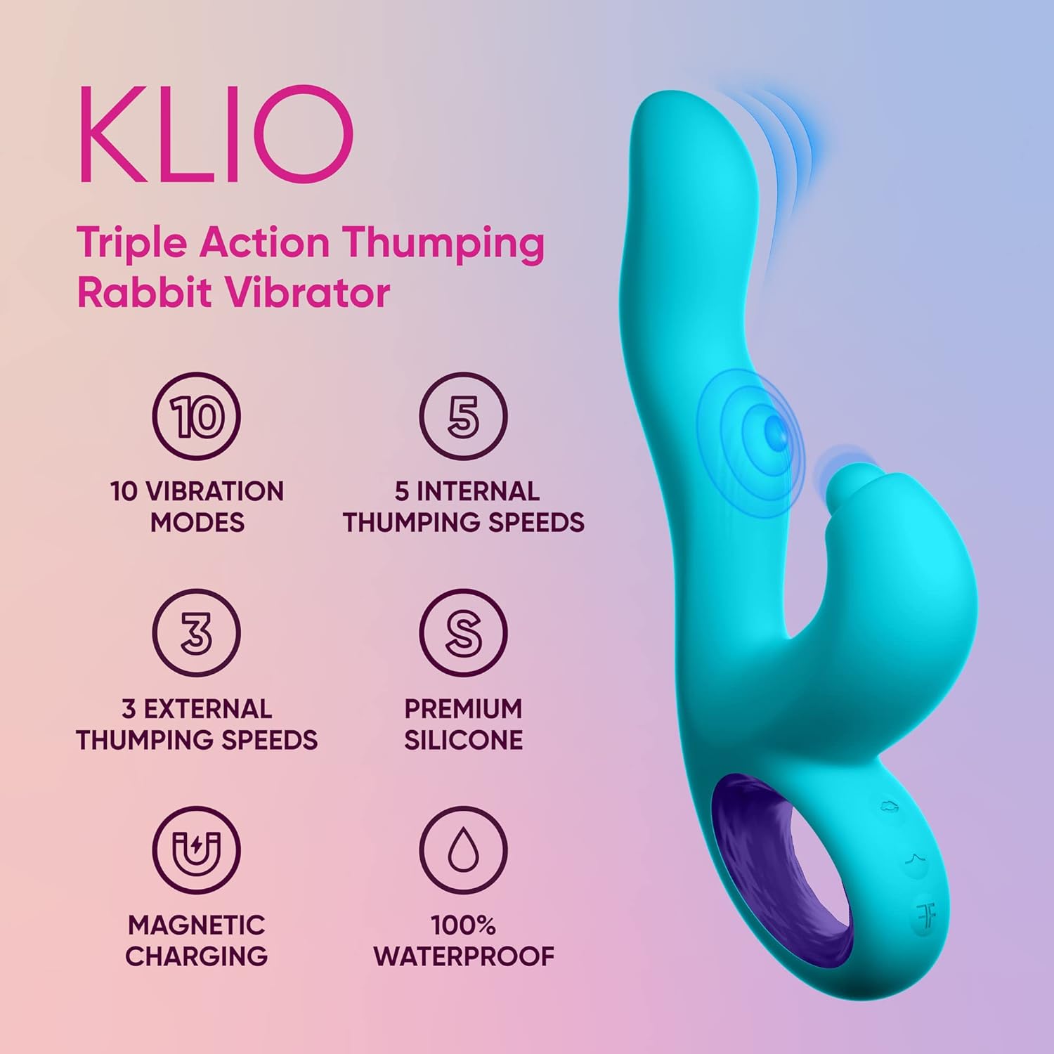 Klio Triple Action Thumping Rabbit Vibrator Sex Toy for Women - Super Soft, 100% Waterproof, G Spot Vibrator Adult Toy with 5 Internal & 3 External Thumping Speeds & 10 Vibration Modes (Turquoise)