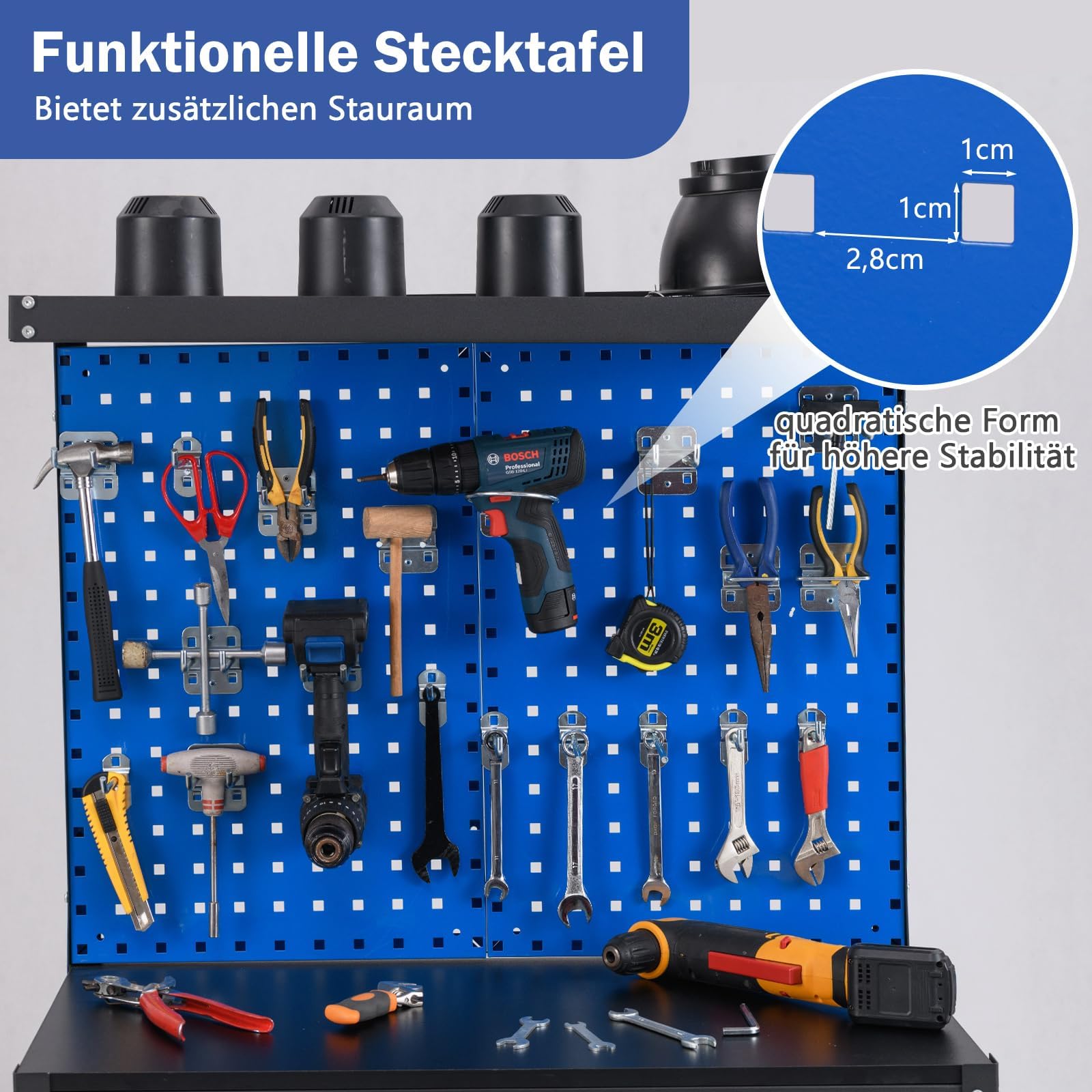 FANTASK Werktisch Werkzeugbank, 225 kg Tragkraft Arbeitstisch mit regalen & 20 Hängehaken & Lochwand & Schubladen, Werkbank für Garage, Werkstatt & Haus, 81x41x156 cm (Blau)