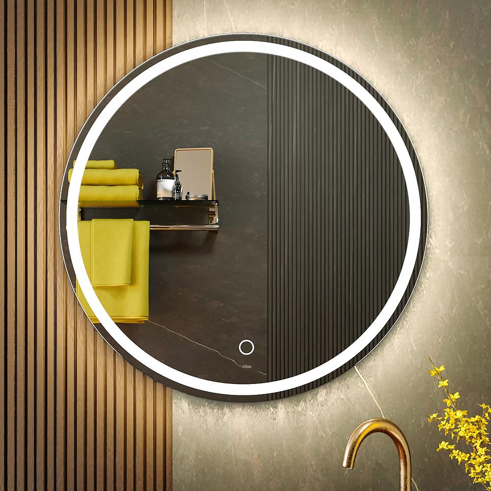 KWW 700 mm LED Bathroom Mirror, Fácil de Instalar Espejo de mMaquillaje Redondo, Temperatura de Color Ajustable, Luz antiniebla, Espejo Montado en La Pared con Botón Táctil Inteligente