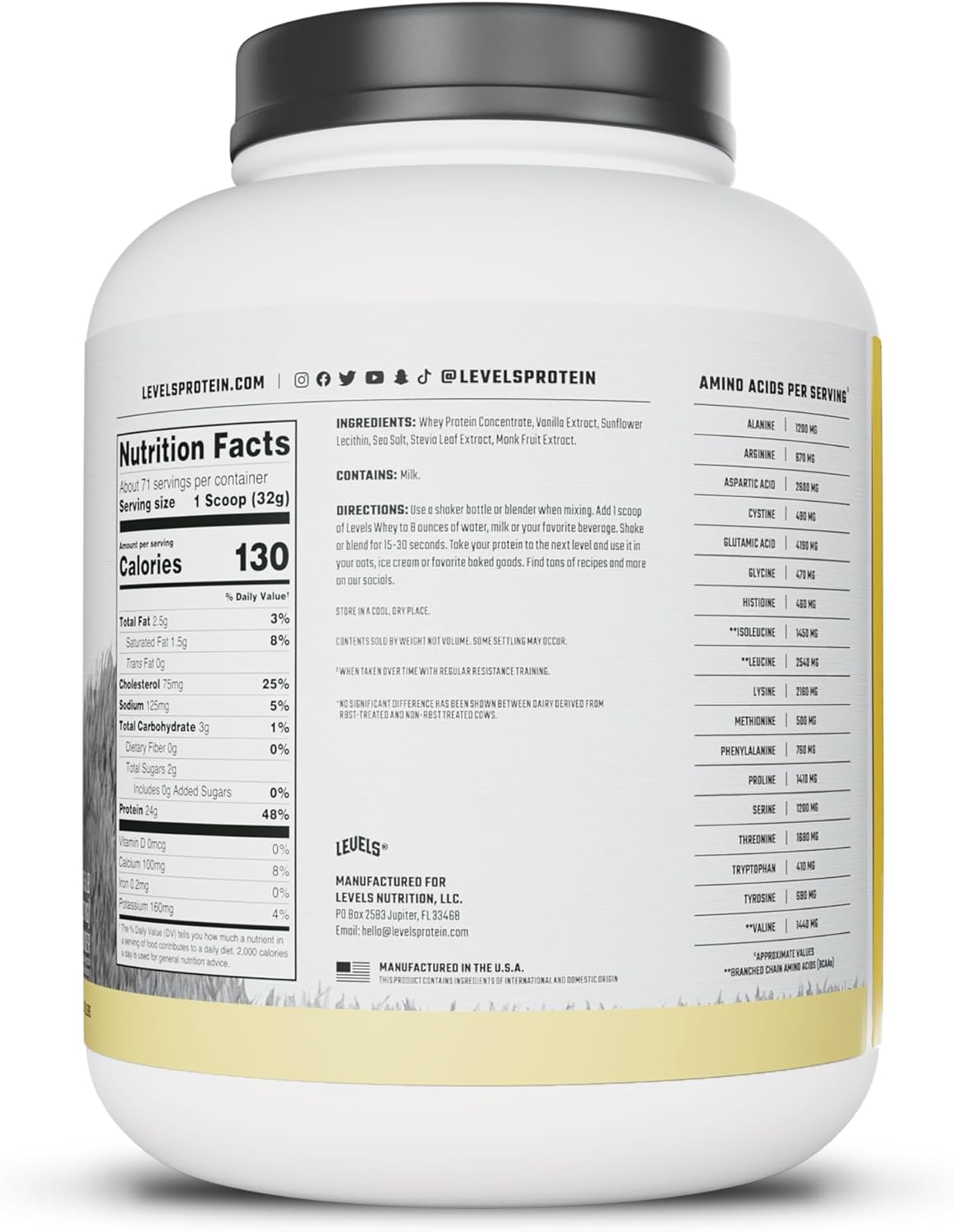 Levels Grass Fed Whey Protein Powder, No Artificials, 24G of Protein, Vanilla Bean, 5LB
