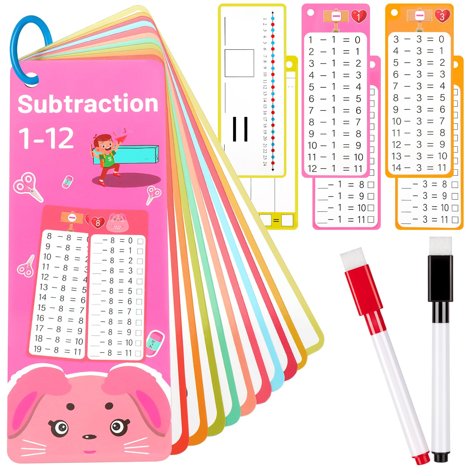 15Pcs Subtraction Flash Cards, Subtraction Chart 1-12 with 2 Dry Erase Pens 1 Rings, Time Table Flash Cards for 1st to 3rd Grades Fun Learning with